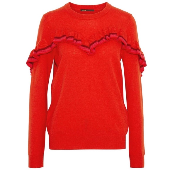 Maje Marinella Red Ruffle Cashmere Sweater Top sz 1 - Picture 2 of 6